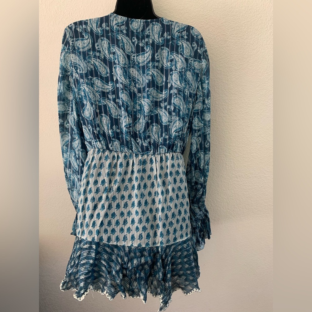 Hemant & Nandita  Dress Size L Kaiyo Long Sleeve Blue Silver Metallic Wrap Mini - Picture 6 of 15